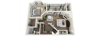 A 3D floor plan of a house with a kitchen, living room, and bedrooms.