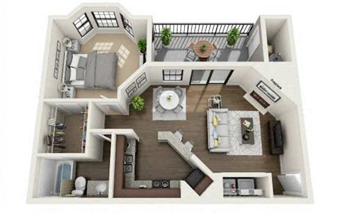 A 3D floor plan of a house with a kitchen, living room, and bedrooms.