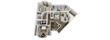 A 3D floor plan of a house with a living room, kitchen, dining room, and multiple bedrooms.