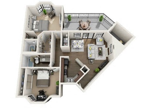 A 3D floor plan of a house with a living room, kitchen, dining room, and multiple bedrooms.