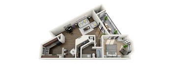 A 3D floor plan of a house with a kitchen, living room, and bedrooms.