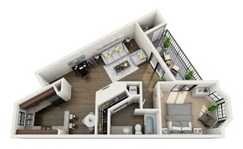 A 3D floor plan of a house with a kitchen, living room, and bedrooms.