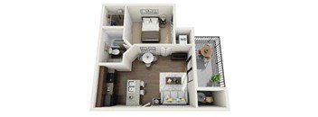 A top-down view of a small apartment layout with a kitchen, living room, and bathroom.
