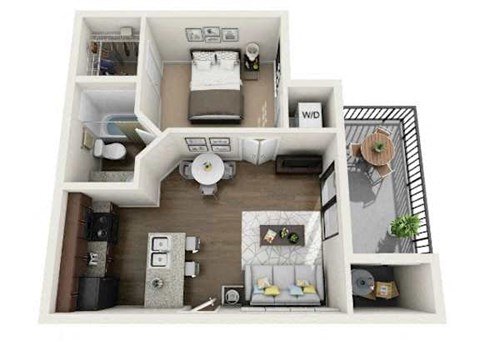 A top-down view of a small apartment layout with a kitchen, living room, and bathroom.