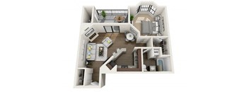 A 3D floor plan of a house with a kitchen, living room, and bathroom.