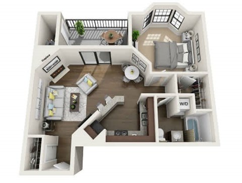 A 3D floor plan of a house with a kitchen, living room, and bathroom.