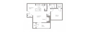 A floor plan of a house with a living room, dining room, kitchen, bathroom, bedroom, and storage.