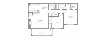 A floor plan of a house with a living room, dining room, kitchen, bathroom, bedroom, and storage space.