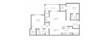 A floor plan of a house with two bedrooms, a living room, a kitchen, a bathroom, a storage area, a walk-in closet, and a mech.