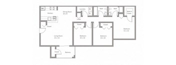 A floor plan of a house with a living room, dining room, kitchen, three bedrooms, a bathroom, laundry, and a walk-in closet.