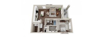 A 3D floor plan of a small apartment with a living room, kitchen, and bathroom.