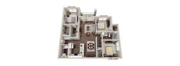 A floor plan of a two-bedroom apartment with a living room, kitchen, and bathroom.