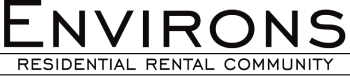 A black and white image of the logo for Environs Residential Rental Community.
