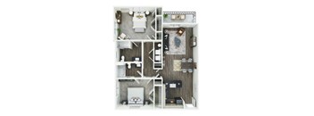 A top-down view of a small apartment with a kitchen, living room, and bedroom.