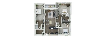 A top-down view of a small apartment with a kitchen, living room, and bedroom.