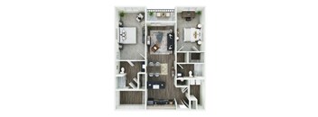 A top-down view of a small apartment with a living room, kitchen, dining area, and bedroom.