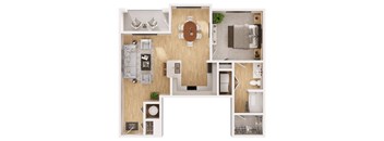 A top-down view of a modern apartment layout with a kitchen, living room, and bathroom.