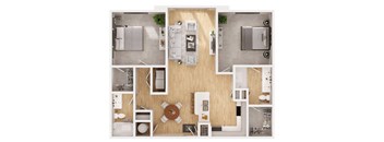 A top-down view of a modern apartment layout with a kitchen, living room, and bathroom.