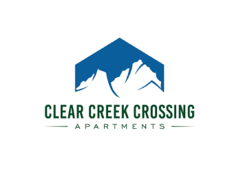 A logo for Clear Creek Crossing Apartments featuring a mountain and house shape.