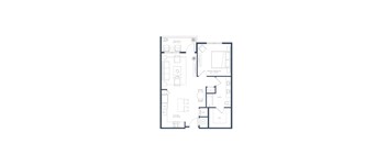 A floor plan of a two-bedroom apartment with a living room, kitchen, bathroom, and a workspace.