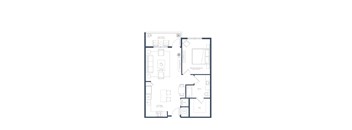 A black and white floor plan of a small apartment with a living room, dining room, kitchen, and bathroom.