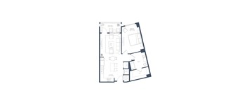 A floor plan of a house with a balcony, bathroom, and kitchen.