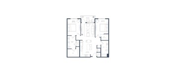 A floor plan of a house with two bedrooms, a bathroom, a living room, a kitchen, and a dining room.