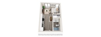 A top-down view of a small apartment layout with a kitchen, living room, and bathroom.