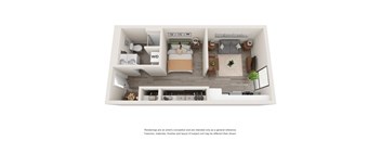A 3D rendering of a modern bedroom with a large bed, a desk, and a living area.