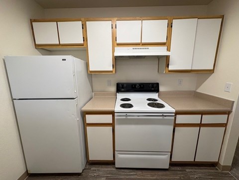 A white refrigerator and stove in a kitchen with wooden cabinets.
