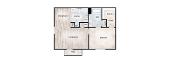 A floor plan of a house with a patio, living room, dining room, kitchen, bath, walk-in closet, and bedroom.