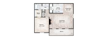 A floor plan of a house showing a bedroom, bathroom, kitchen, dining room, living room, and balcony.