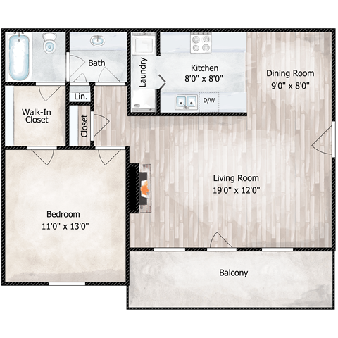 A floor plan of a house showing a bedroom, bathroom, kitchen, dining room, living room, and balcony.