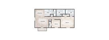 A floor plan of a house with a living room, dining room, kitchen, two bathrooms, two closets, and two bedrooms.