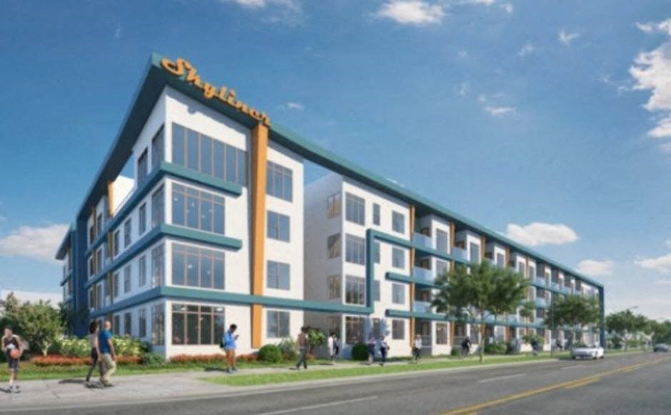 an architectural rendering of a building with people walking on the street