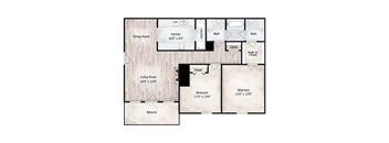 A floor plan of a house with a living room, two bedrooms, a kitchen, a bathroom, a dining room, and a balcony.