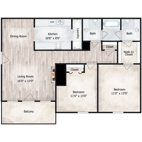 A floor plan of a house with a living room, two bedrooms, a kitchen, a bathroom, a dining room, and a balcony.