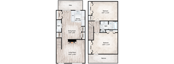 A floor plan of a house with a patio, two bedrooms, a living room, a dining room, a kitchen, and a balcony.