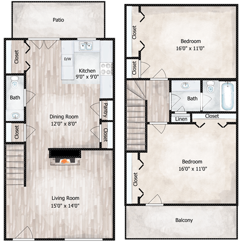A floor plan of a house with a patio, two bedrooms, a living room, a dining room, a kitchen, and a balcony.