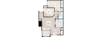 A floor plan of a house with two bedrooms, a living room, a dining room, a kitchen, a bathroom, and a patio.