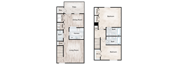 A floor plan of a house with two bedrooms, a living room, a kitchen, a dining room, a bathroom, a patio, a laundry room, and a utility room.