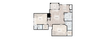 A floor plan of a house with a living room, dining room, kitchen, two bedrooms, and two bathrooms.