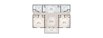 A floor plan of a house with a kitchen, living room, and two bedrooms.