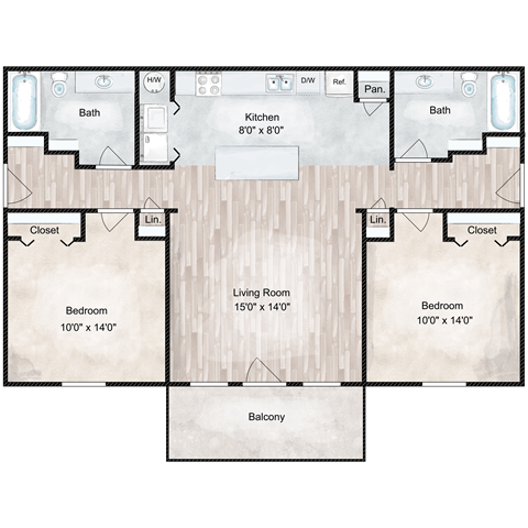 A floor plan of a house with a kitchen, living room, and two bedrooms.