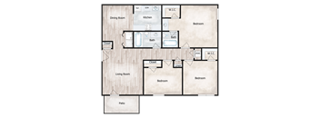 A floor plan of a house with a living room, dining room, kitchen, and three bedrooms.