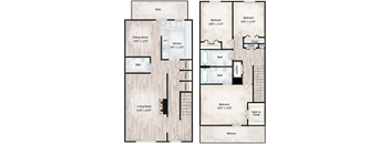 A floor plan of a two-story house with a living room, dining room, kitchen, two bedrooms, two bathrooms, a patio, and a balcony.