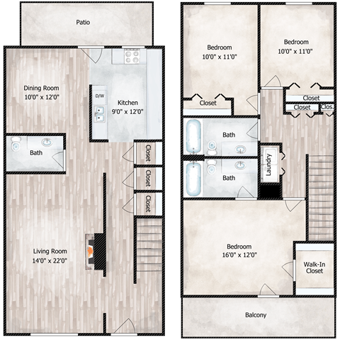 A floor plan of a two-story house with a living room, dining room, kitchen, two bedrooms, two bathrooms, a patio, and a balcony.