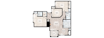 A floor plan of a house with labeled rooms such as Bedroom, Living Room, Kitchen, Dining Room, Bath, and Patio.