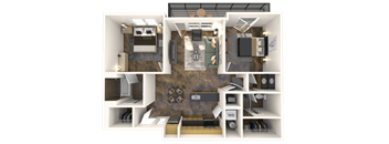 a rendering of a 3d floor plan with a bedroom and a living room