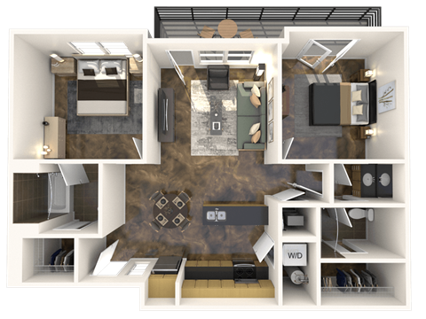 a rendering of a 3d floor plan with a bedroom and a living room